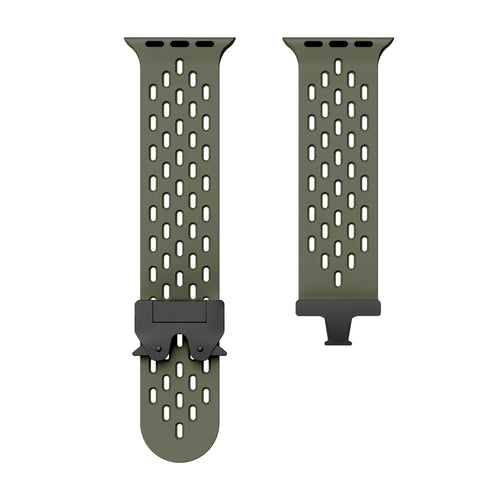 Silicone Strap 'Air' P-Buckle, army green, laid flat, separate parts, direct top view