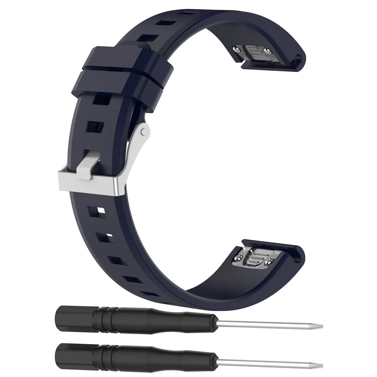 Glossy Silicone Strap, dark blue, laid flat, separate parts, direct top view