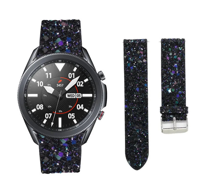 Leather Strap with Glitters, black, laid flat, separate parts, direct top view