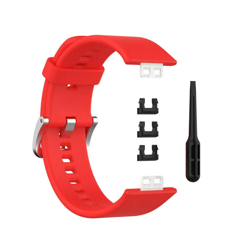 Silicone Strap, red, laid flat, separate parts, direct top view