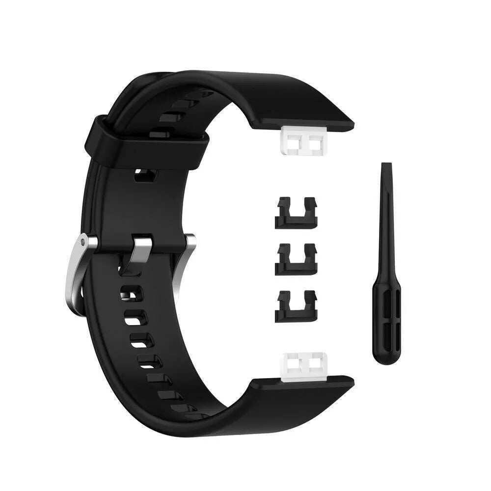 Silicone Strap, black, laid flat, separate parts, direct top view