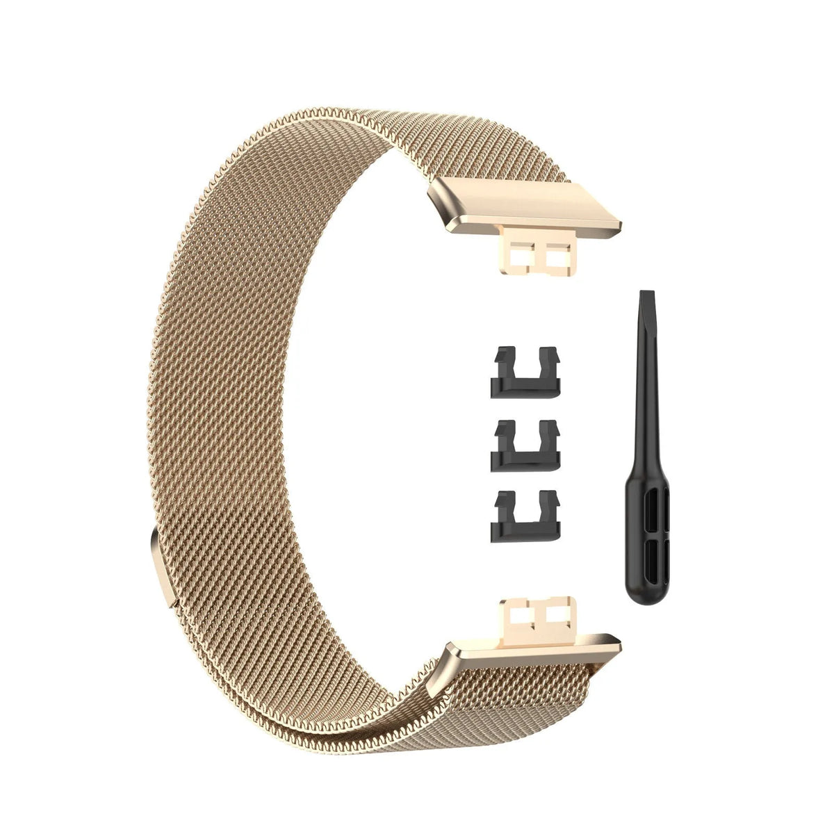 Milanese Strap, champagne, laid flat, separate parts, direct top view