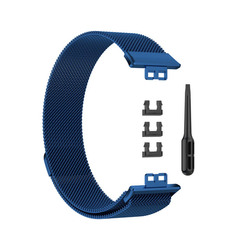 Milanese Strap, blue, laid flat, separate parts, direct top view