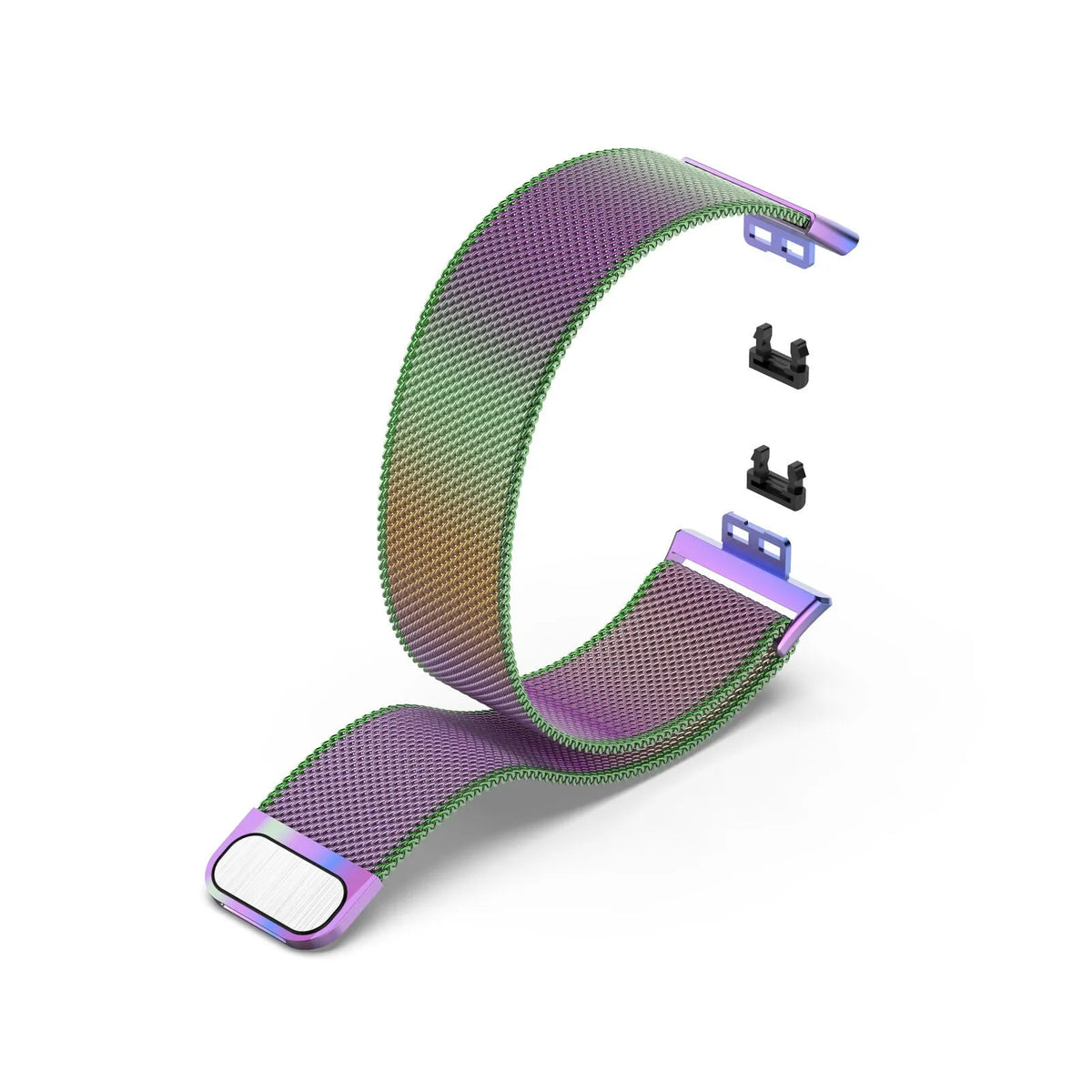 Milanese Strap, rainbow, laid flat, separate parts, direct top view