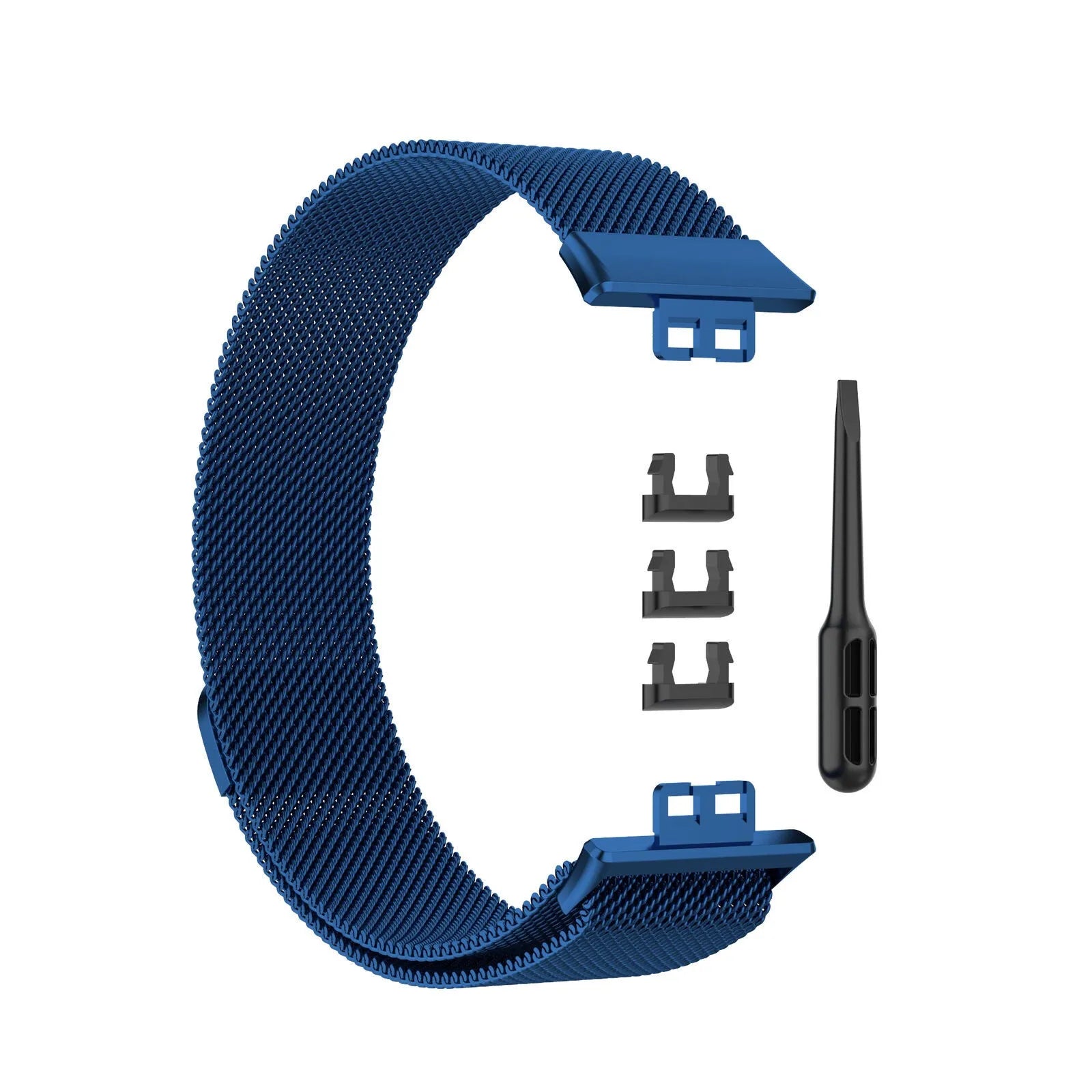 Milanese Strap, blue, laid flat, separate parts, direct top view