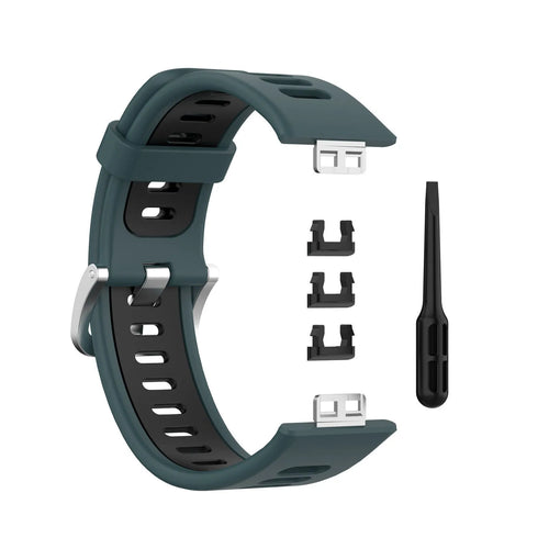 Silicone Sport Buckle Strap, green/black, laid flat, separate parts, direct top view