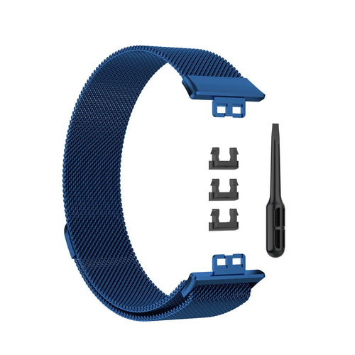 Milanese Strap, blue, laid flat, separate parts, direct top view