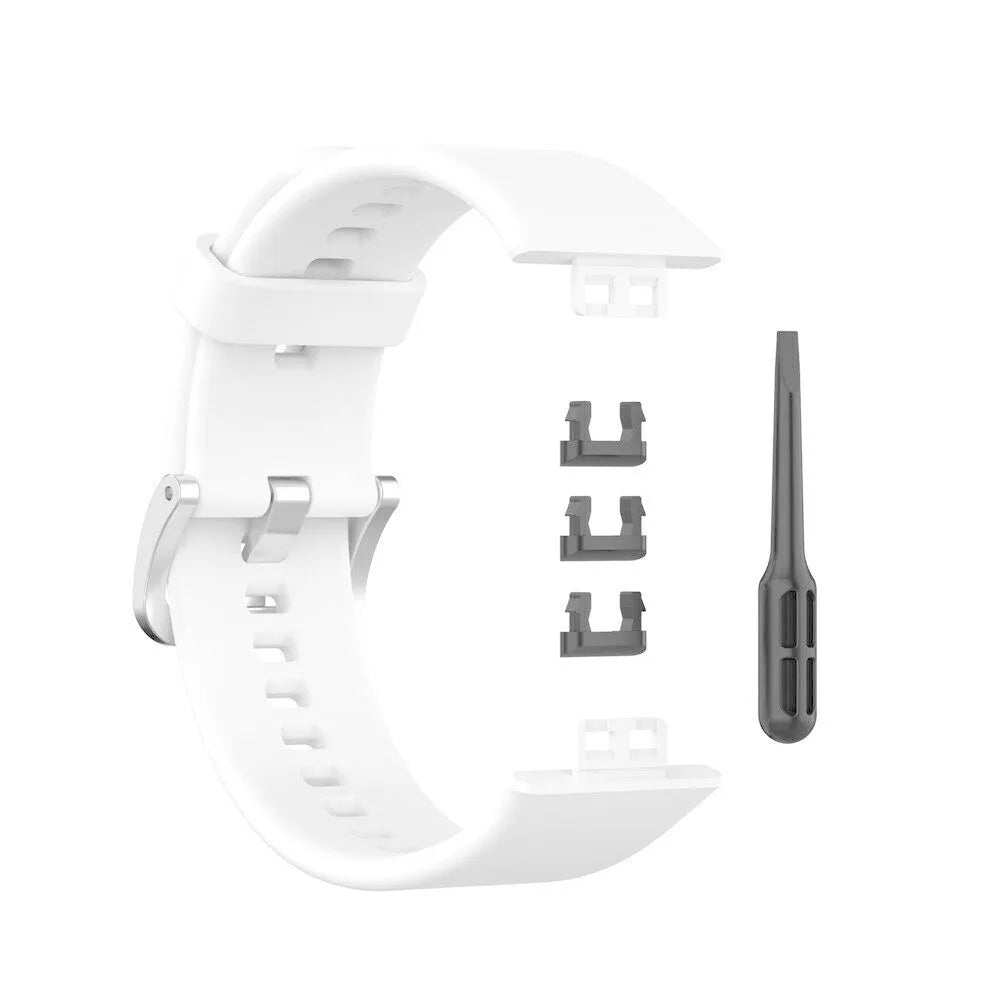 Silicone Strap, white, laid flat, separate parts, direct top view