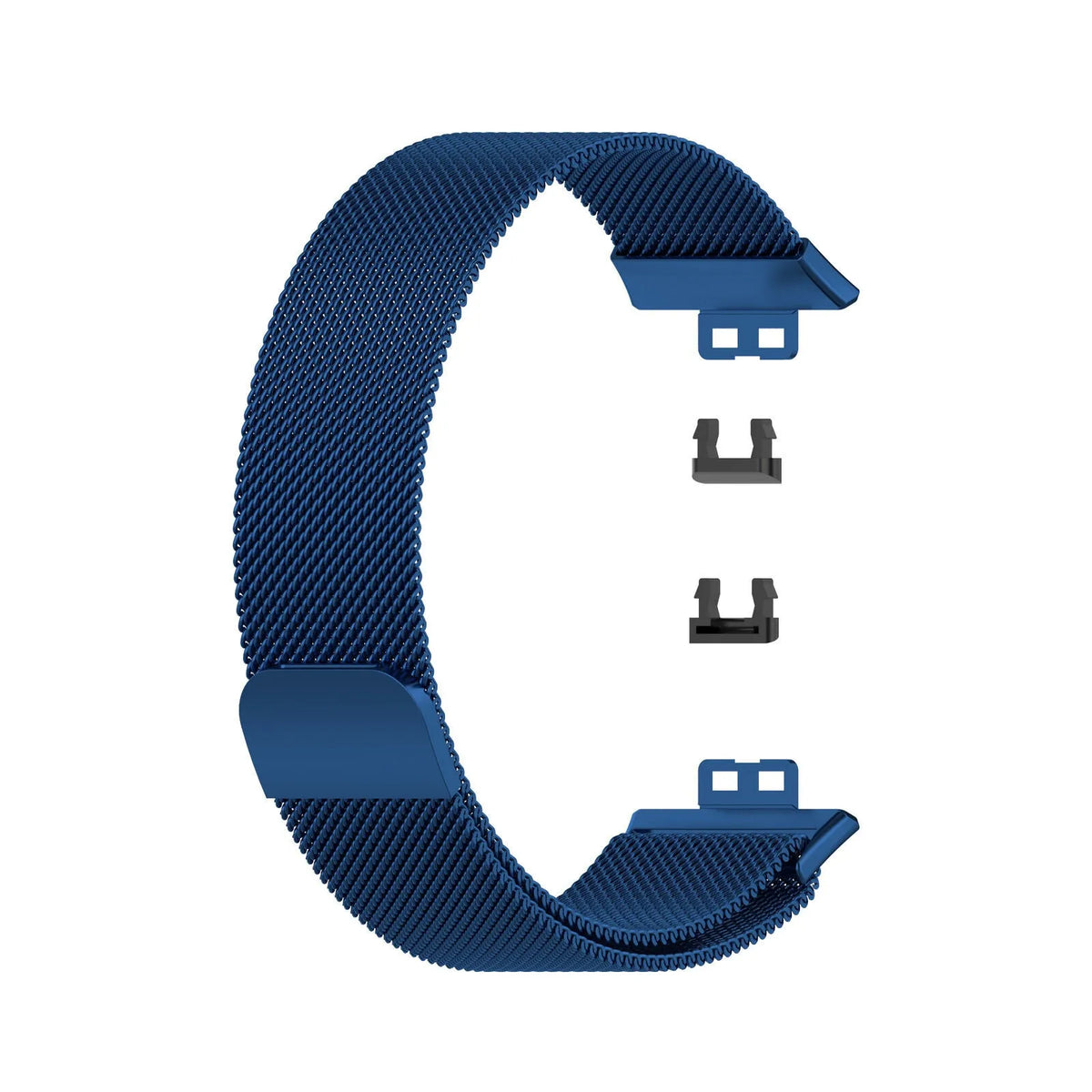Milanese Strap, blue, laid flat, separate parts, direct top view