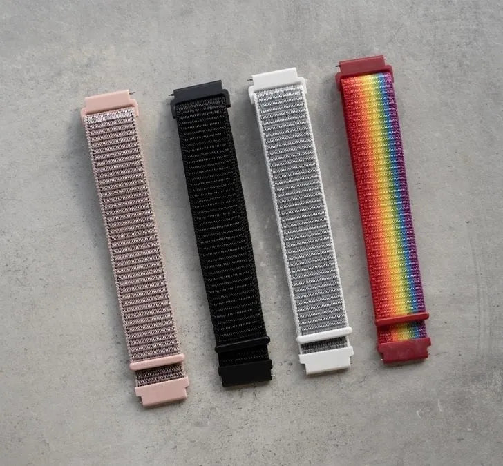 Nylon Strap, rainbow, laid flat, separate parts, direct top view