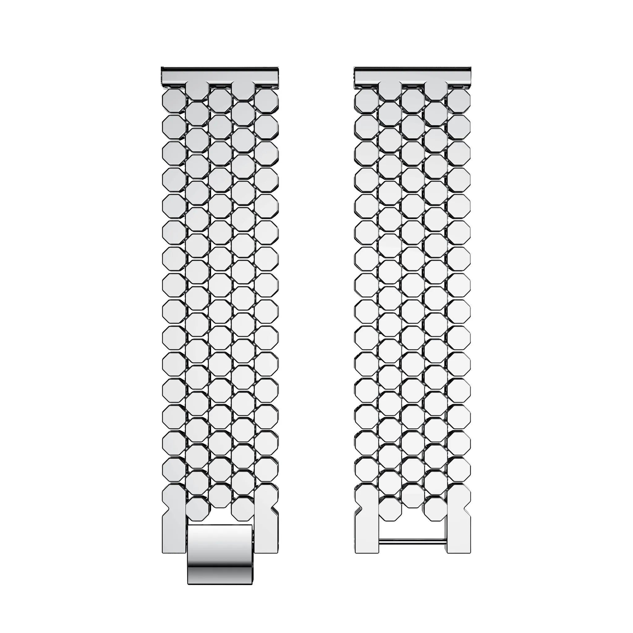 Steel Strap Hexagons, silver, laid flat, separate parts, direct top view