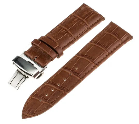 Premium Leather Strap, brown, laid flat, separate parts, direct top view