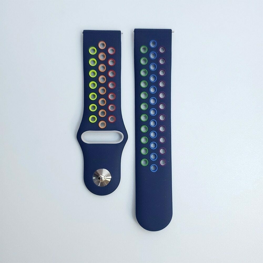 Silicone Sport Strap, dark blue/colourful, laid flat, separate parts, direct top view