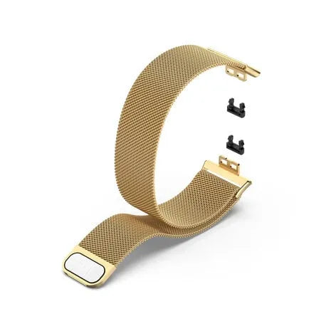 Milanese Strap, gold, laid flat, separate parts, direct top view