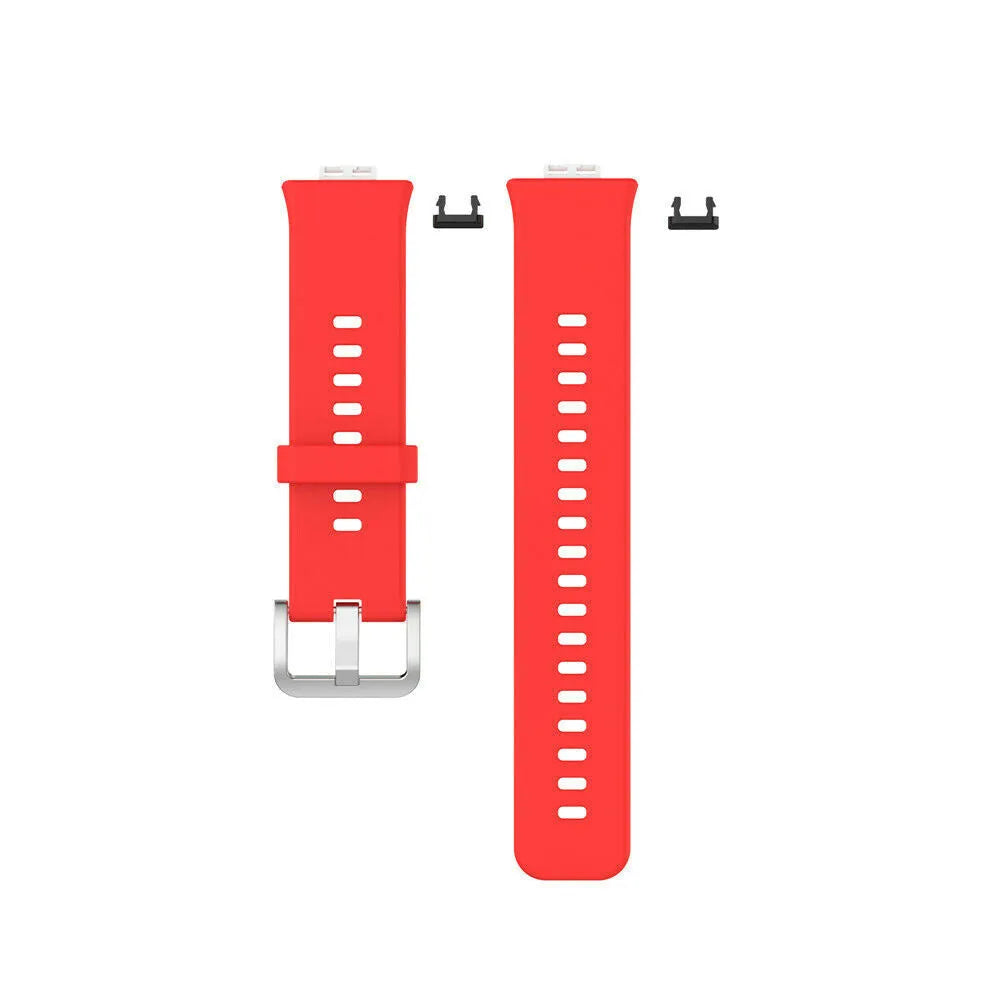 Silicone Strap, red, laid flat, separate parts, direct top view
