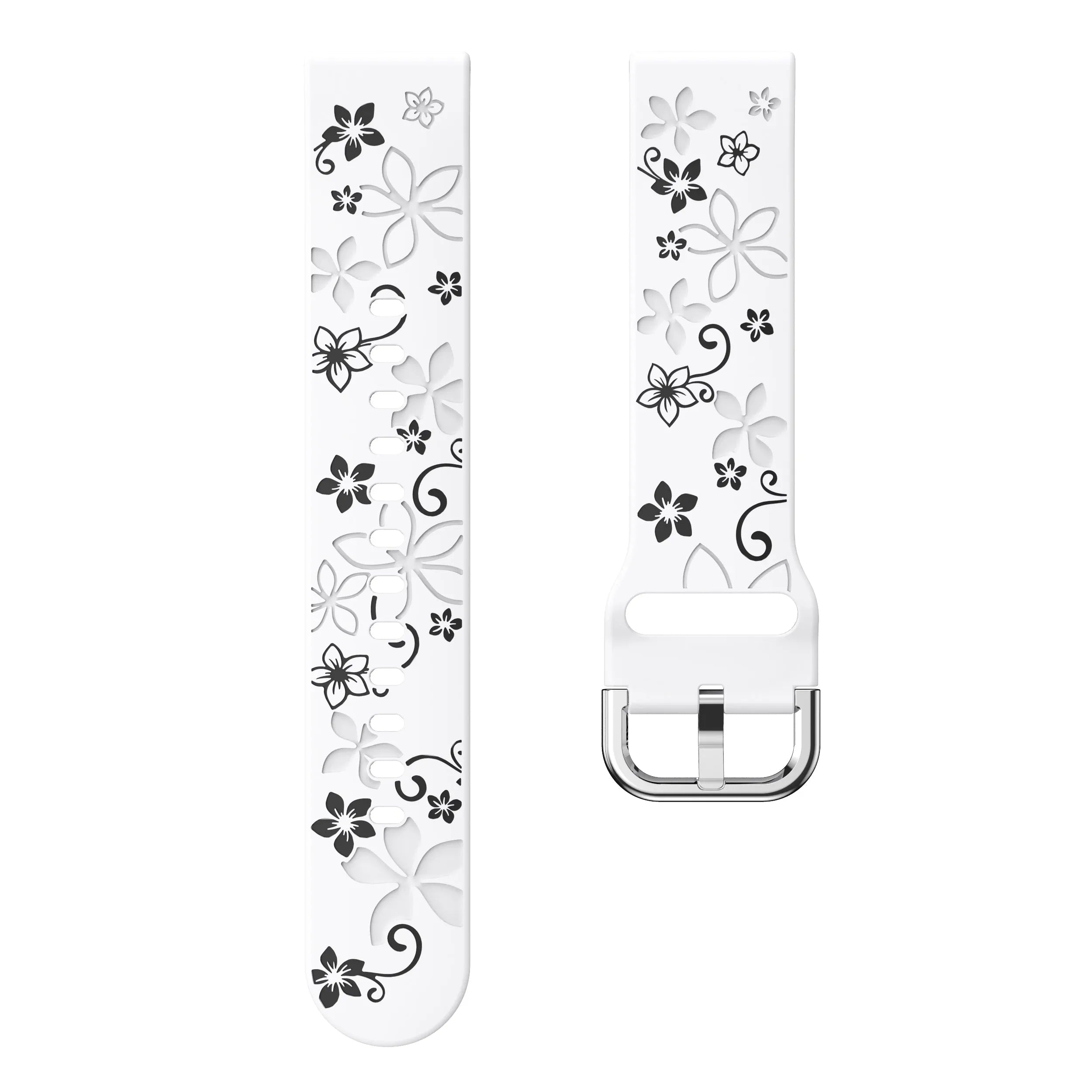 Flower Silicone Strap, white/black, laid flat, separate parts, direct top view