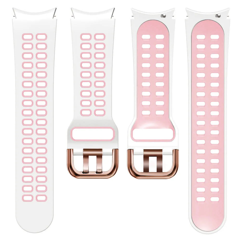 Silicone Squared Sport Strap, white/pink, laid flat, separate parts, direct top view