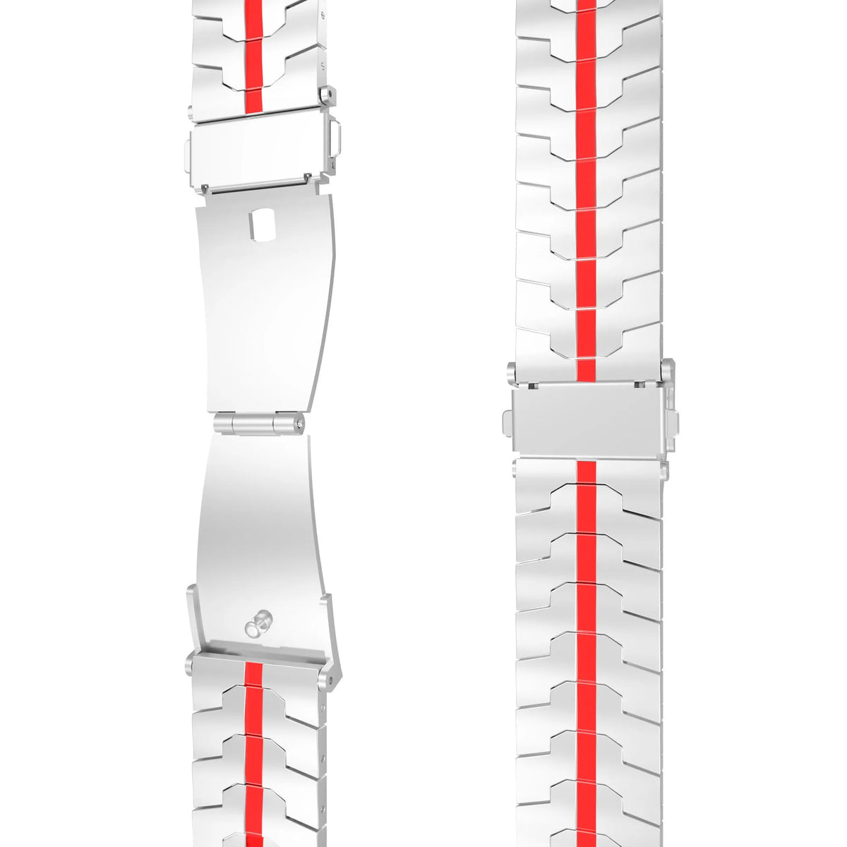 Steel Iron Strap, silver/red, laid flat, joined, direct top view