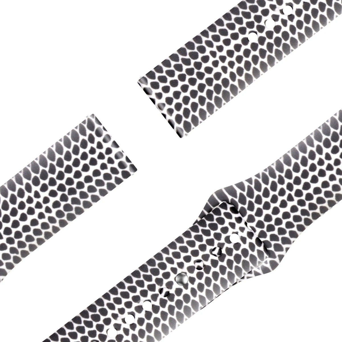 Silicone Patterned Strap, laid flat, separate parts, top and underside view