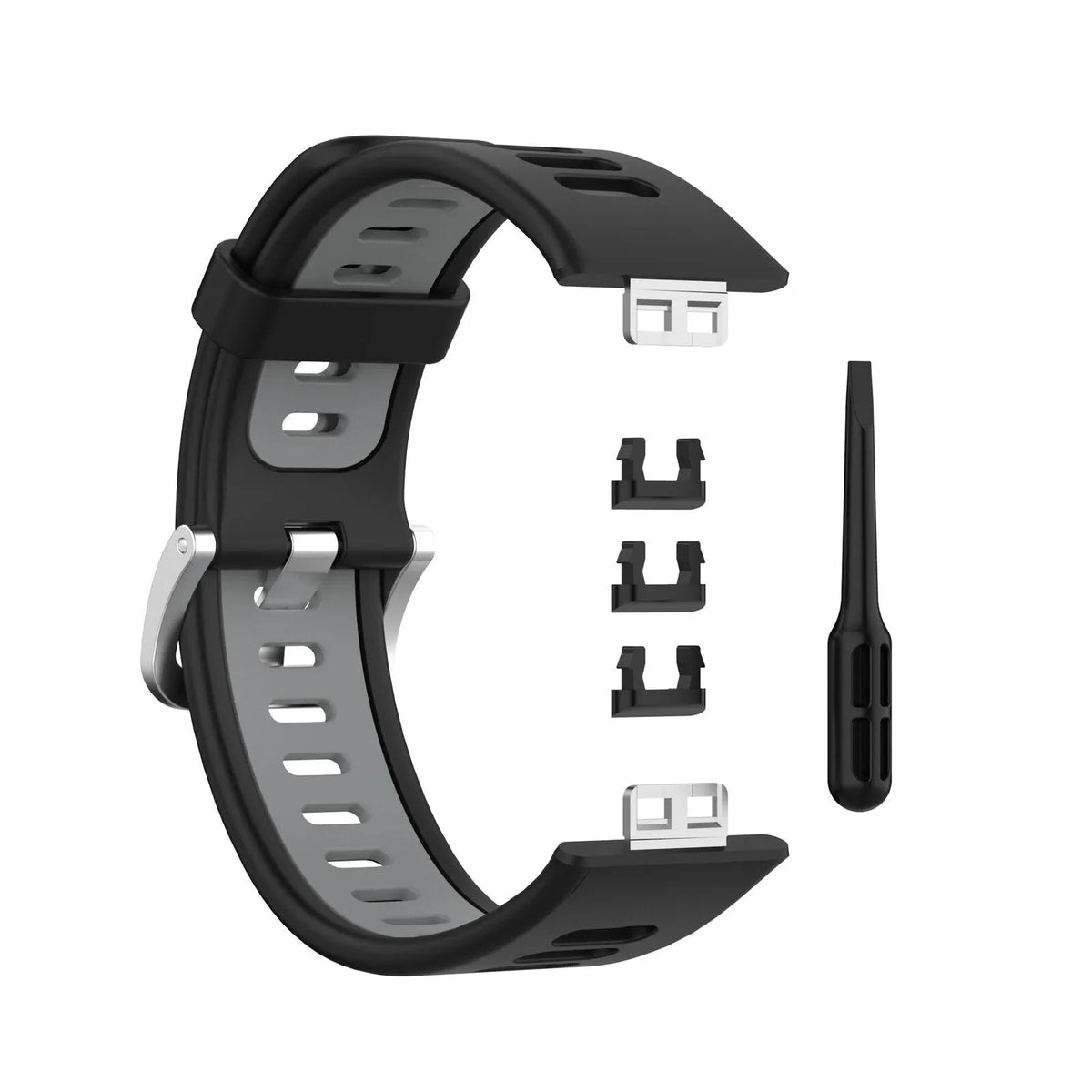 Silicone Sport Buckle Strap, laid flat, separate parts, top and underside view