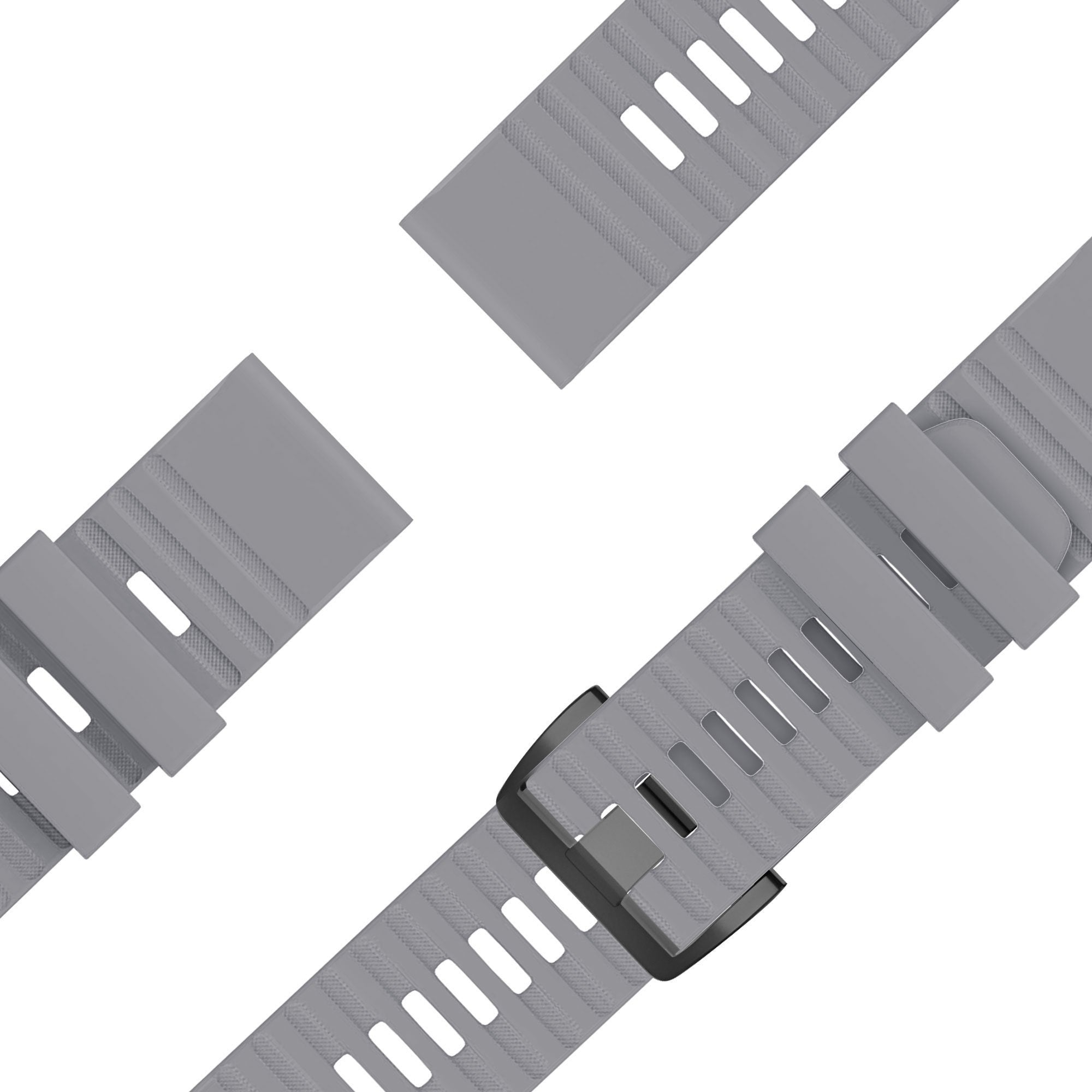 Buckled Silicone Strap, grey, laid flat, joined, 45° top view