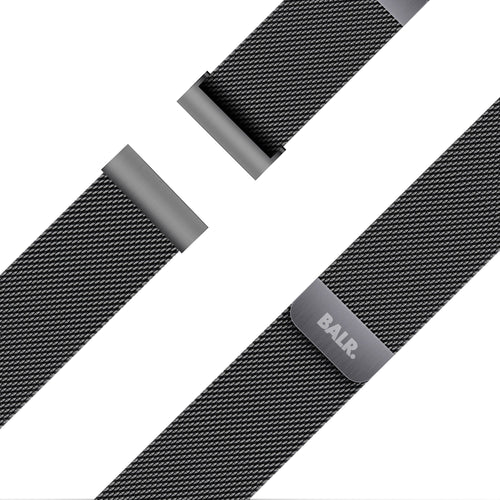Milanese Strap, black, laid flat, joined, 45° top view