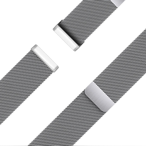 Milanese Loop Strap, silver, laid flat, joined, 45° top view