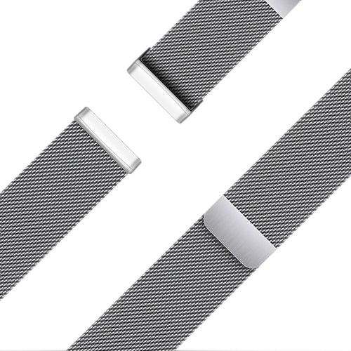 Milanese Loop Strap, silver, laid flat, joined, 45° top view