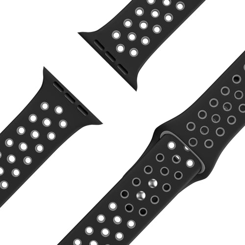 Silicone Dual Snap Sport Strap, black/grey, laid flat, joined, 45° top view
