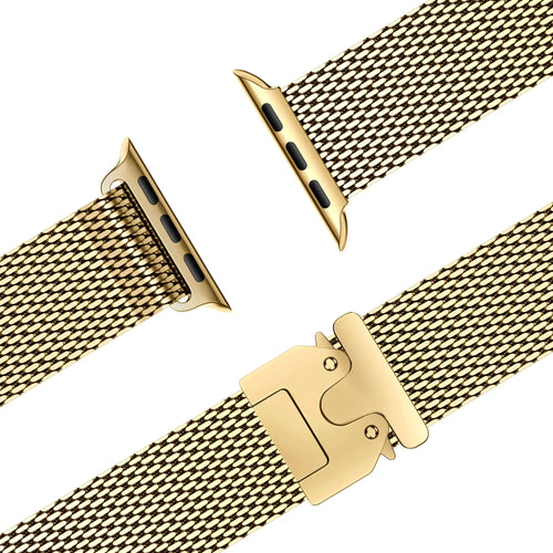Milanese Loop Strap P-Buckle, gold, laid flat, joined, 45° top view
