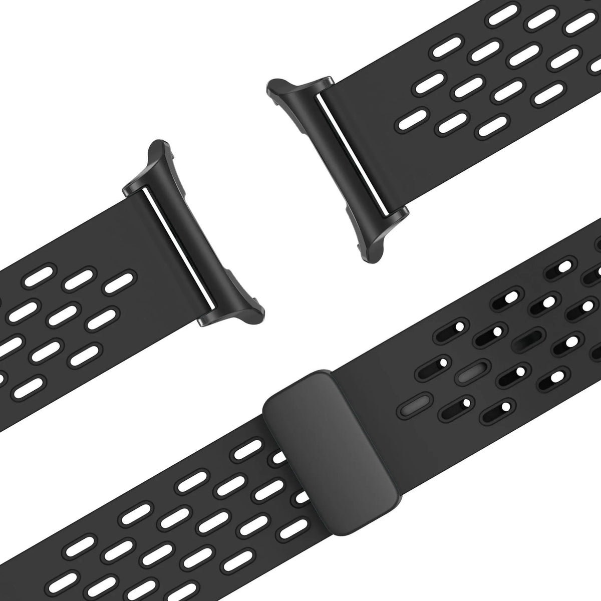 Silicone D-Buckle Sport Strap 'Air', black, laid flat, joined, 45° top view