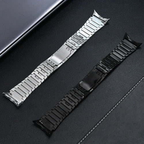 Premium Metal Link Strap, silver, laid flat, joined, 45° top view