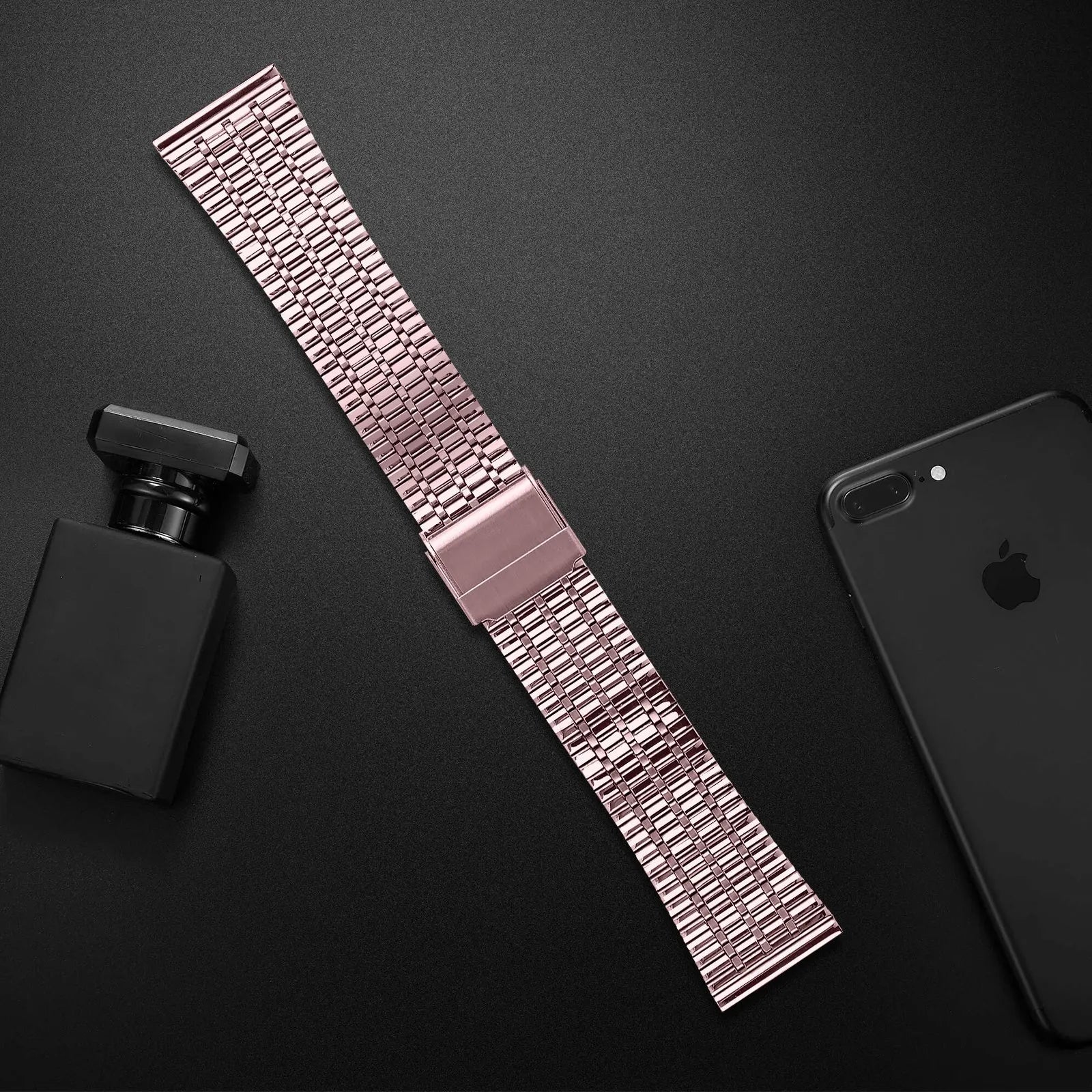 Fine Steel Strap, pink, laid flat, joined, 45° top view