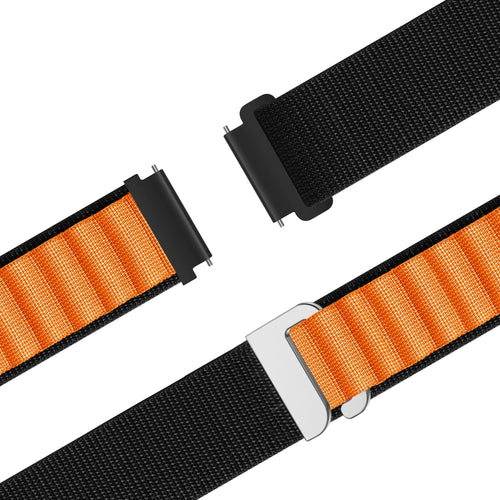 Nylon Alpine Strap, black/orange, laid flat, joined, 45° top view
