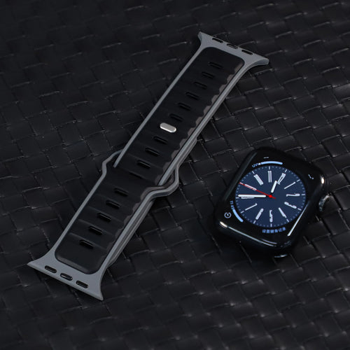 Silicone Premium Outdoor Strap, black/grey, laid flat, joined, 45° top view