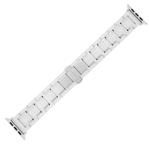 Metal Ceramic Link Strap, white/silver, laid flat, joined, 45° top view