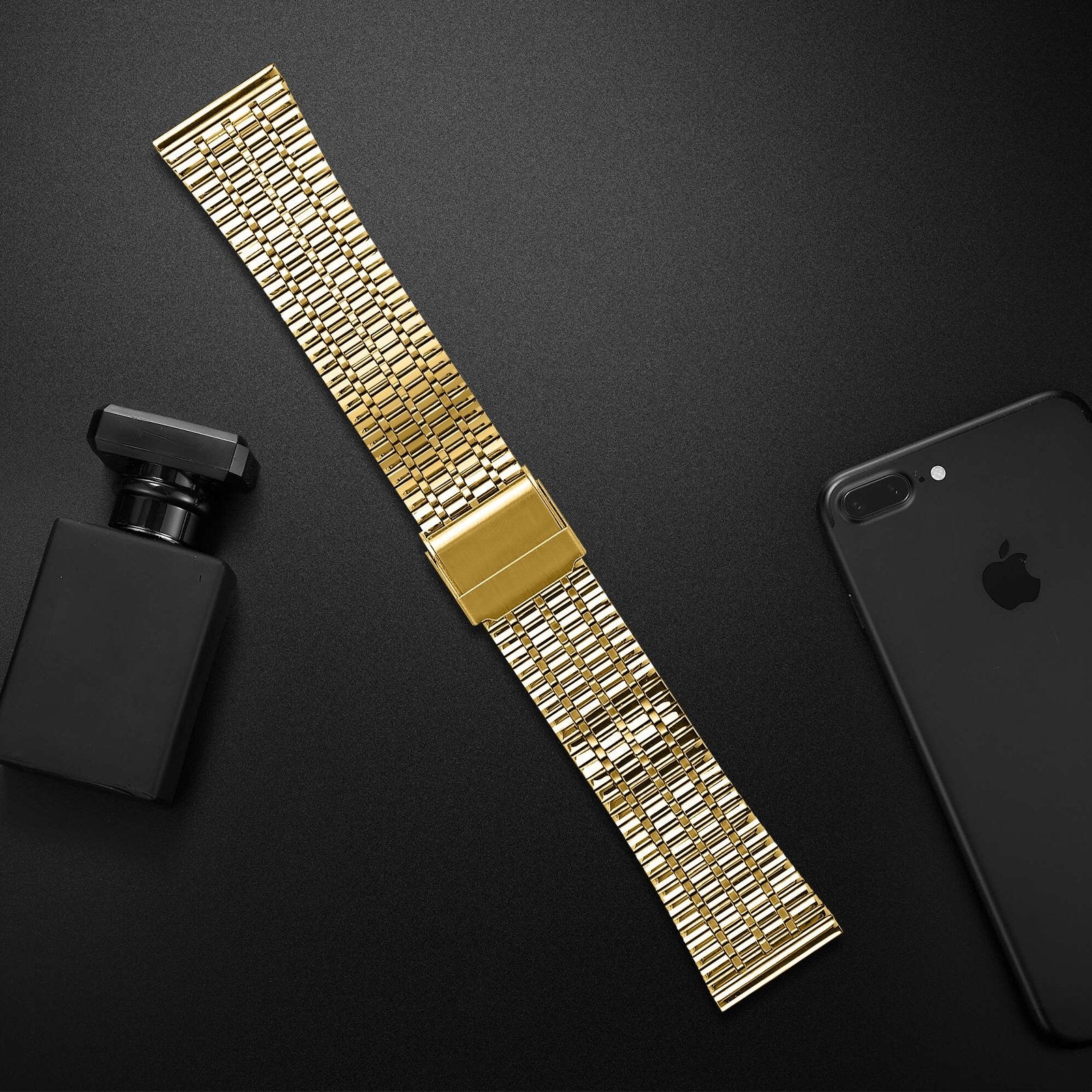 Fine Steel Strap, gold, laid flat, joined, 45° top view