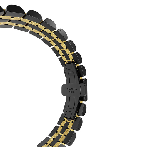 Steel Link Strap 'Duo', black/gold, laid flat, joined, 45° top view