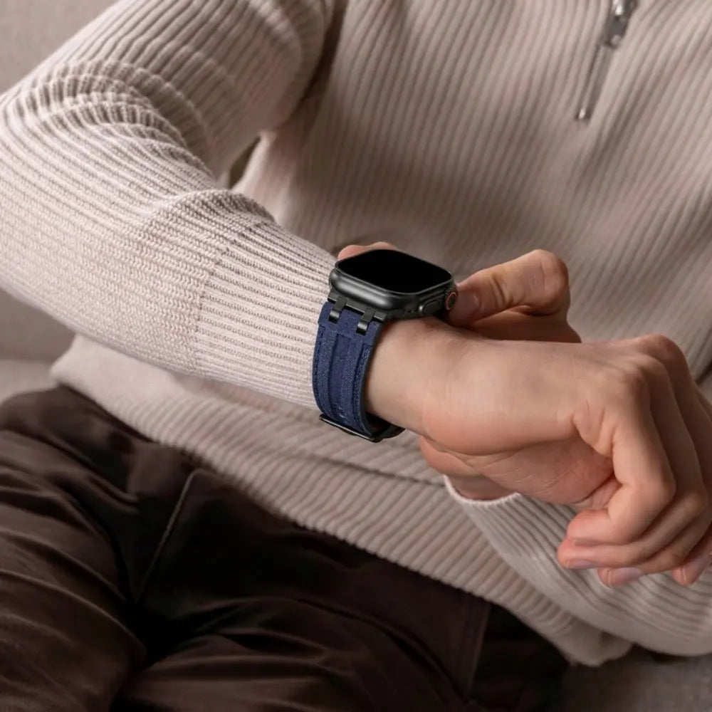 Apple Watch denim leren band (blauw met zwart)