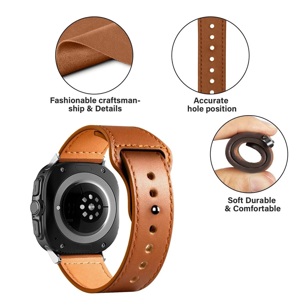 Leather Strap with Snap Closure, brown, infographic (USP banner)