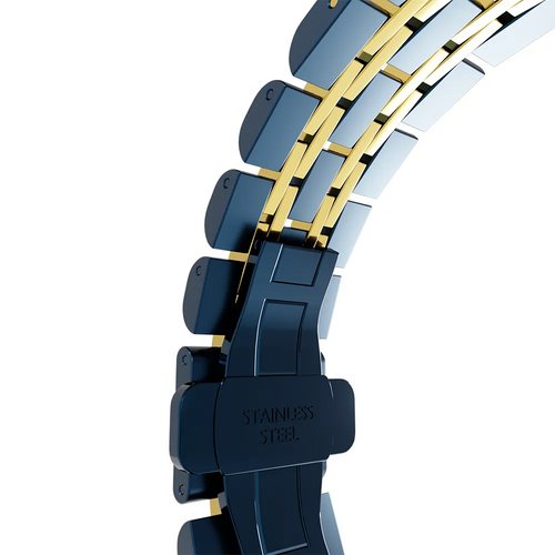 Steel Link Strap 'Duo', blue/gold, infographic (USP banner)