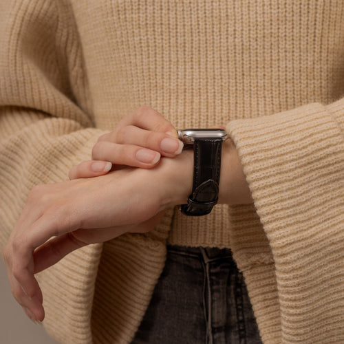 Correa cuero patrón cocodrilo Apple Watch (negro)